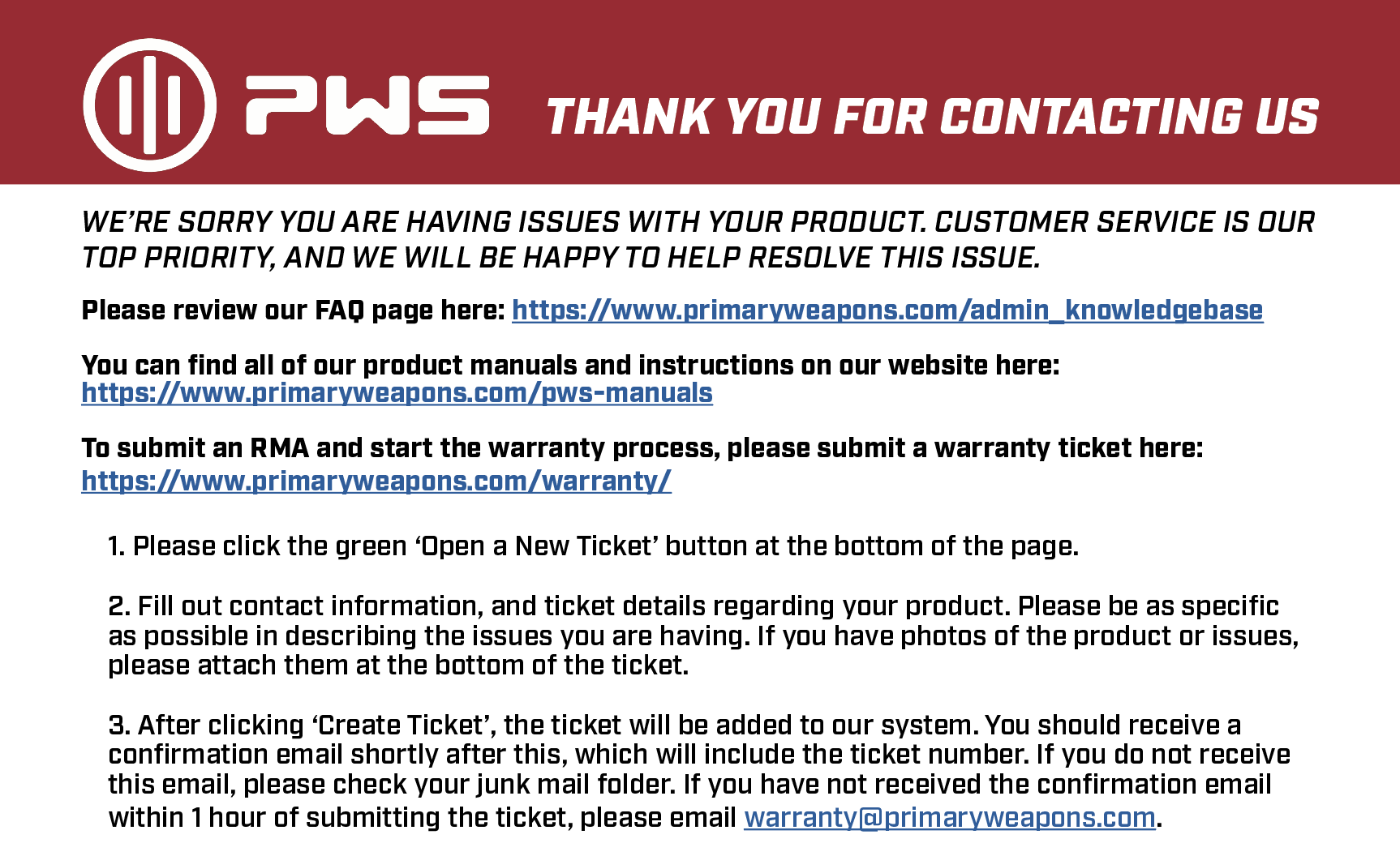 PWS Warranty RMA Instructions